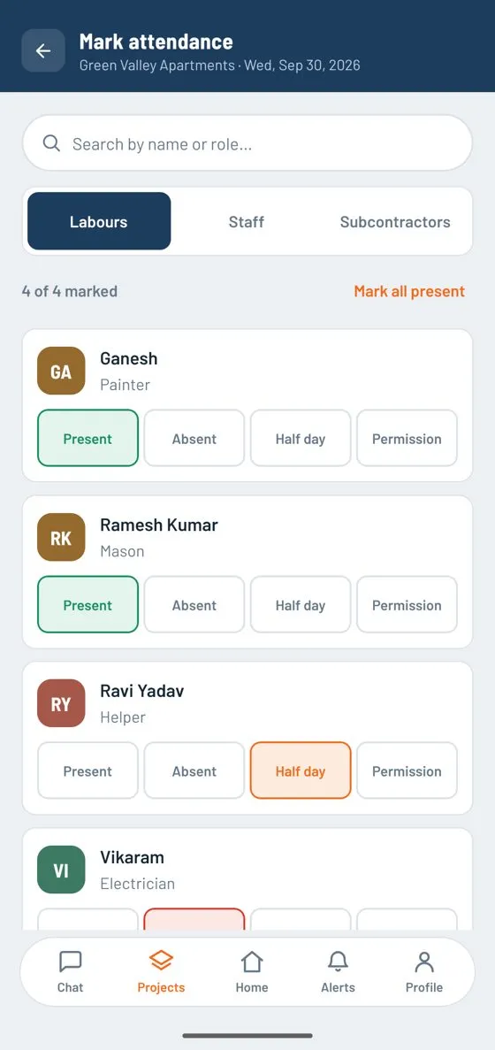 Mark attendance screen with present, absent, half day and permission buttons