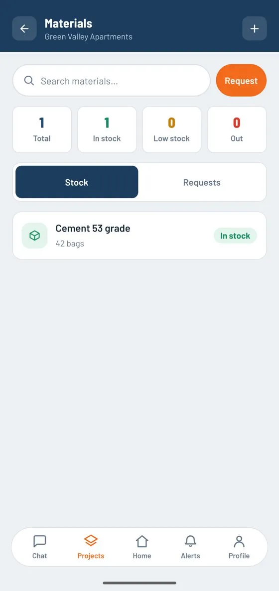 Materials stock screen