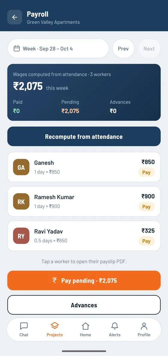 Weekly payroll screen showing paid, pending and advances